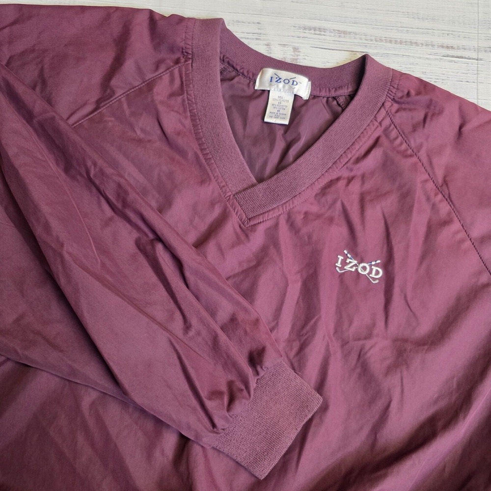 Vintage Izod Jacket Men Medium Maroon Windbreaker Pullover V-Neck Logo Golf Club
